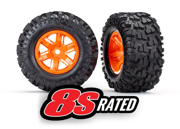 7772T Tires & wheels, assembled, glued (X-Maxx® orange wheels, Maxx® AT tires, foam inserts) (left & right) (2)