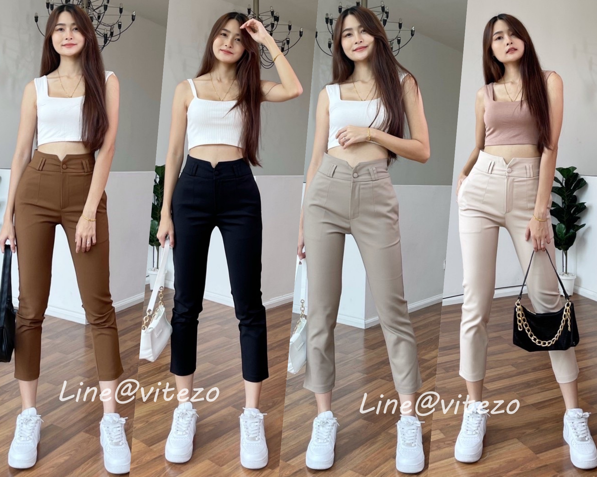 กางเกงขายาวผู้หญิงเอวสูง 7 ส่วน ซิปข้าง เอววี ผ้าดับเบิ้ลซาติน ยืด หนา นิ่ม สวย ซิปหน้า แต่งหูเข็มขัด