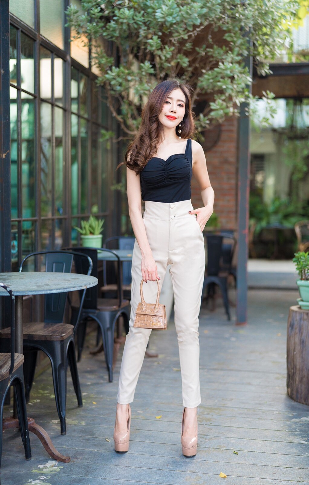 กางเกงขายาวผู้หญิงเอวสูง ขาเดฟ 2 กระดุมหน้า ซิปหน้า ผ้าดับเบิ้ลซาติน ยืด สวยมาก