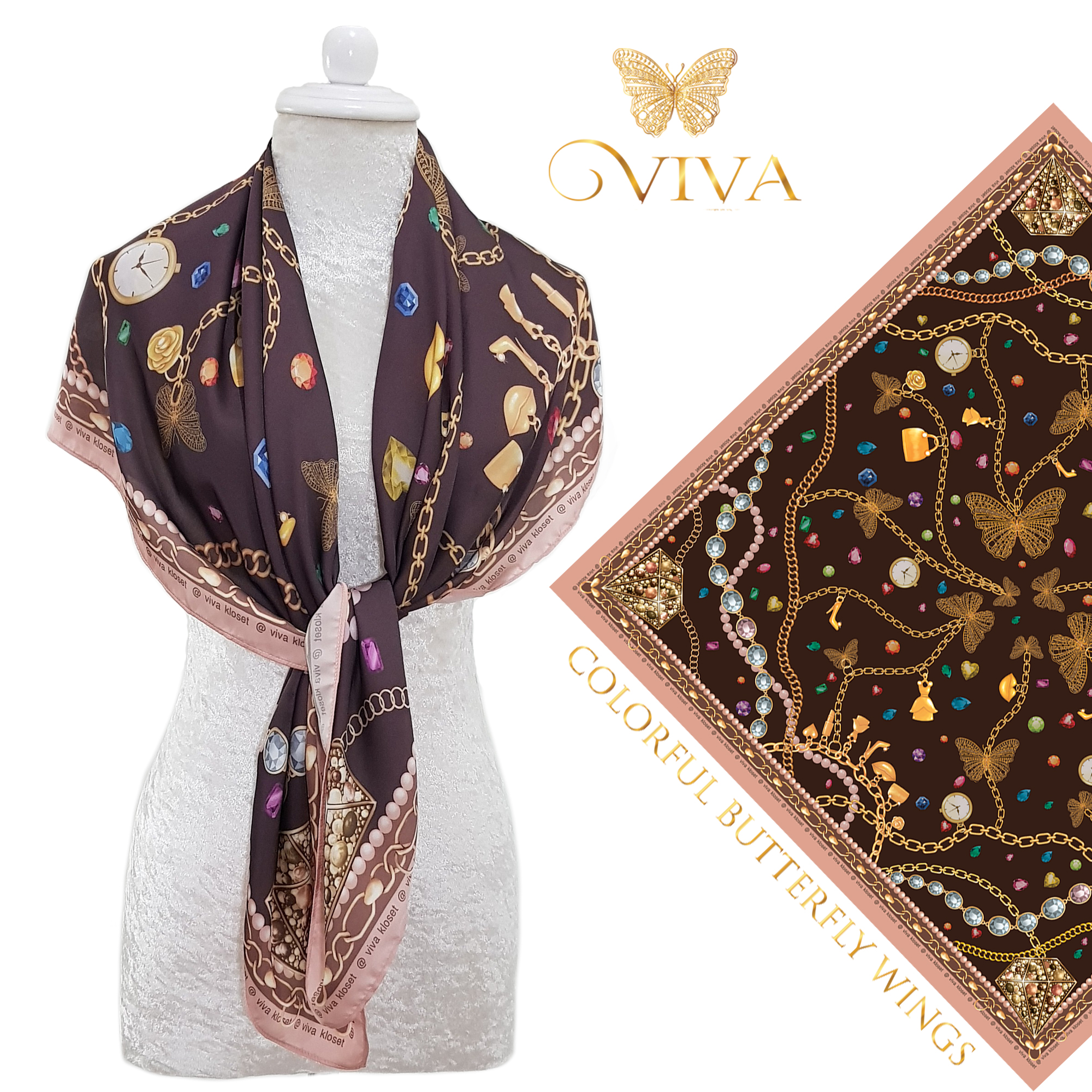 ผ้าพันคอ รุ่น Jewel Scarf เนื้อผ้า Silk Satin Premium Color : Dark Brown