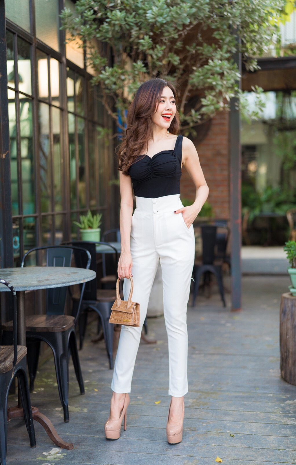 กางเกงขายาวผู้หญิงเอวสูง ขาเดฟ 2 กระดุมหน้า ซิปหน้า ผ้าดับเบิ้ลซาติน ยืด สวยมาก