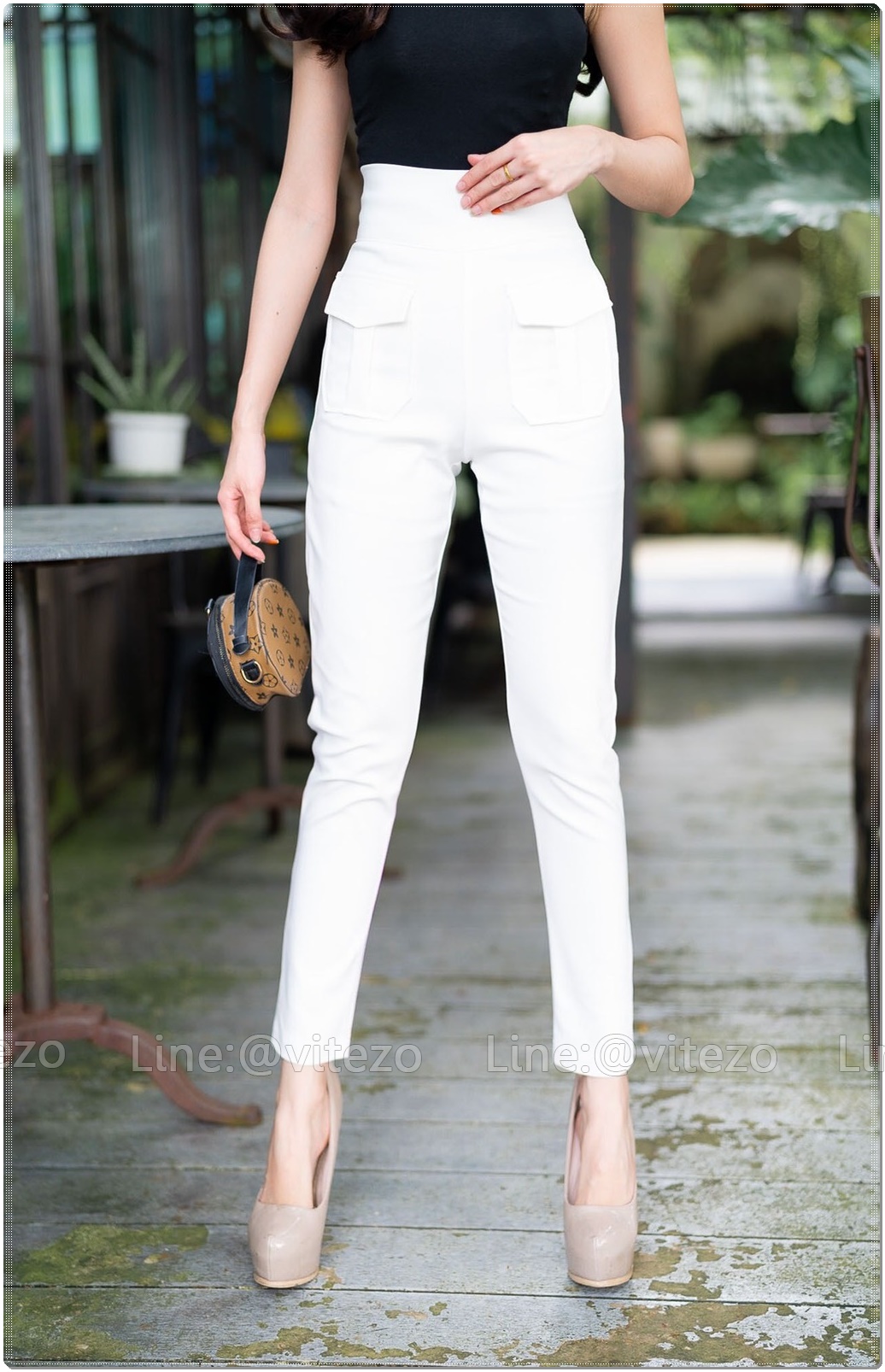 กางเกงขายาวผู้หญิงเอวสูง 9 ส่วน ซิปข้าง กระเป๋าหน้า ซาฟารี ขอบหนา 3 นิ้ว ผ้าดับเบิ้ลซาติน ยืด หนา นิ่ม สวย น่ารัก