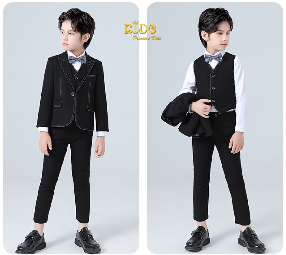 ssชุดสูทเด็กผู้ชาย(หน้าร้านอยู่รัชดา ลองได้ถ่ายรูปจากชุดจริง)S100 เซ็ตสูท 5 ชิ้น สูทสีน้ำเงิน สีดำ แต่งด้ายขาว เชิ้ตขาว มาพร้อมเสื้อกั๊กและโบว์หูกระต่าย กางเกงขายาว สุดเท่ สุดๆ