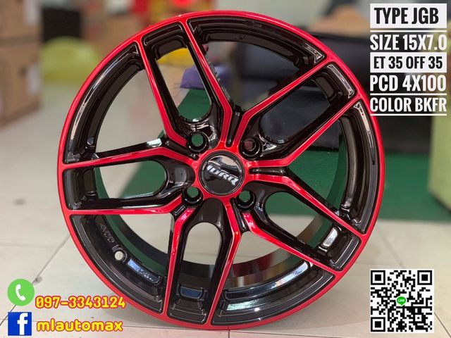 ล้อแม็กซ์ใหม่JGB ขอบ15 ขนาด4รู100 กว้าง7 ออฟ35 สีดำขอบแดง