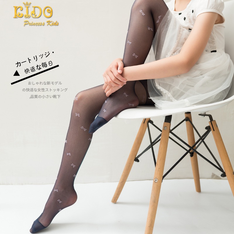 ถุงน่องเด็ก(หน้าร้านอยู่รัชดา)L068 สีดำ เนื้อผ้าซีทรูตัวลายโบว์สี