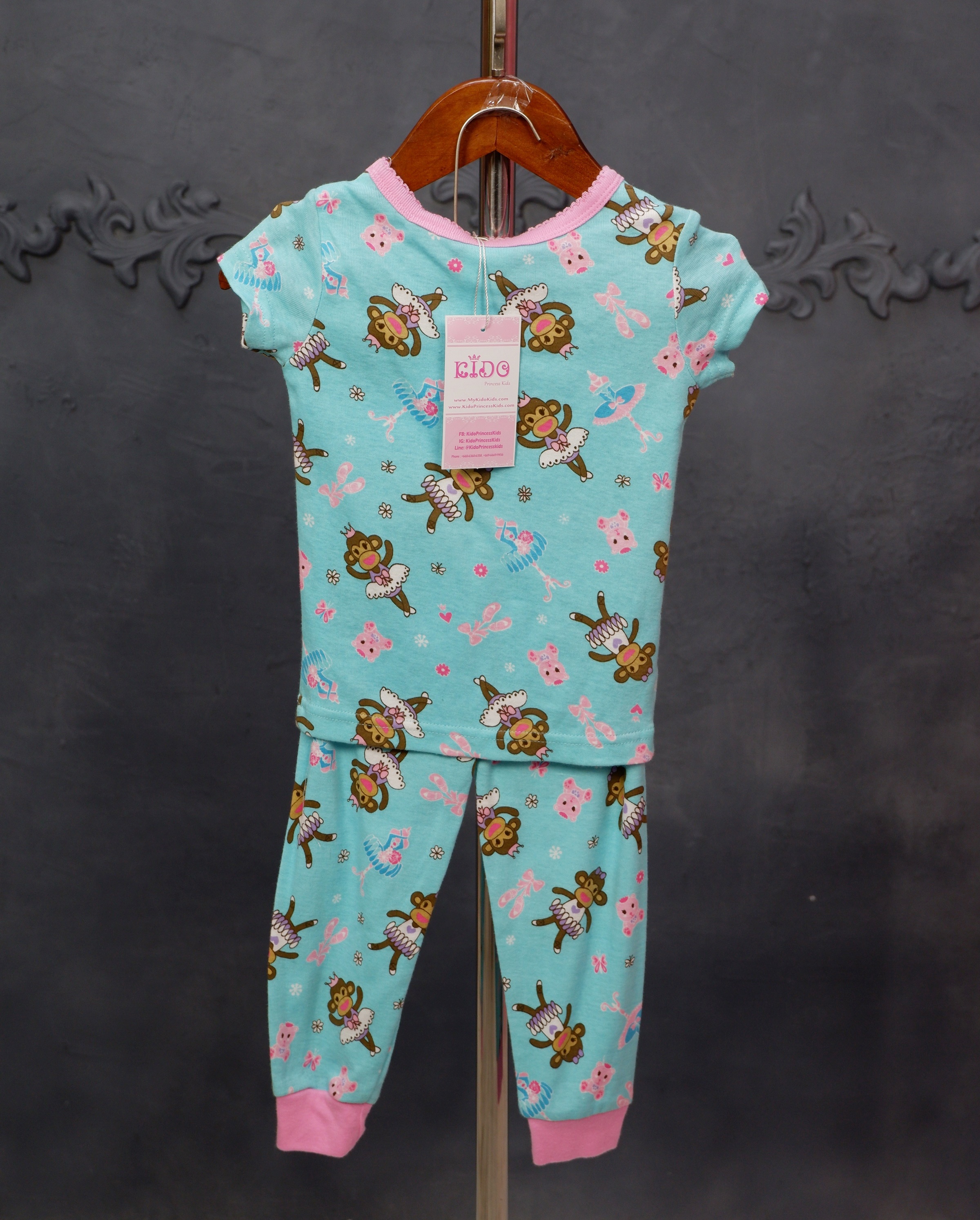 ชุดนอนเด็ก*มีหน้าร้าน ตรงปก พร้อมส่ง*ZK10 ลายน้องลิง เสื้อแขนสั้นสีฟ้า พร้อมกางเกงขาวยาว