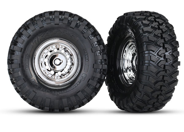 8177 Tires and wheels, assembled, glued (1.9" chrome wheels, Canyon Trail 1.9 tires) (2)/ center caps (2)/ decal sheet (requires #8255A extended stub axle)