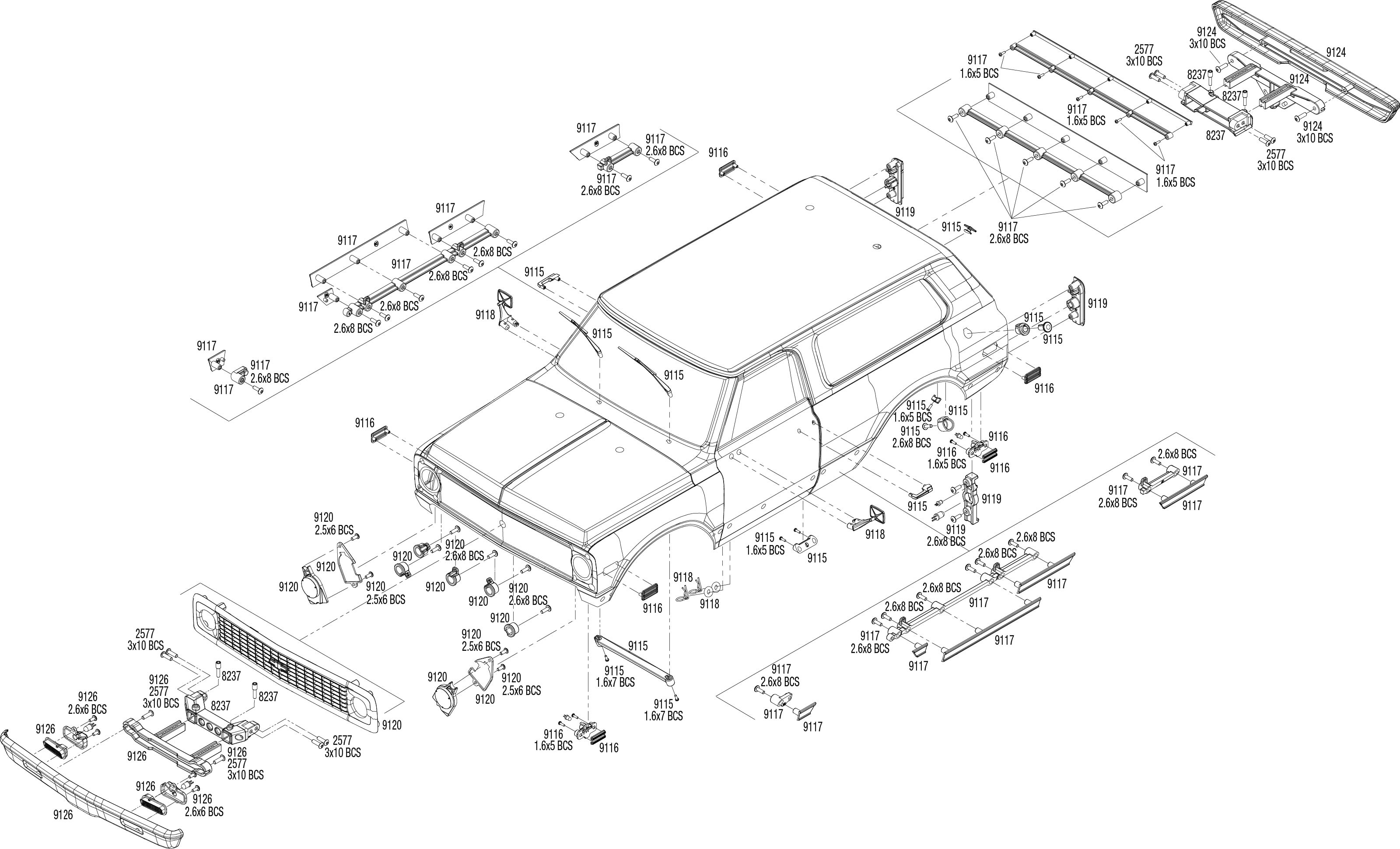 9111X Body, Chevrolet Blazer (1972), complete (blue) (includes grille, side mirrors, door handles, windshield wipers, front & rear bumpers, decals)