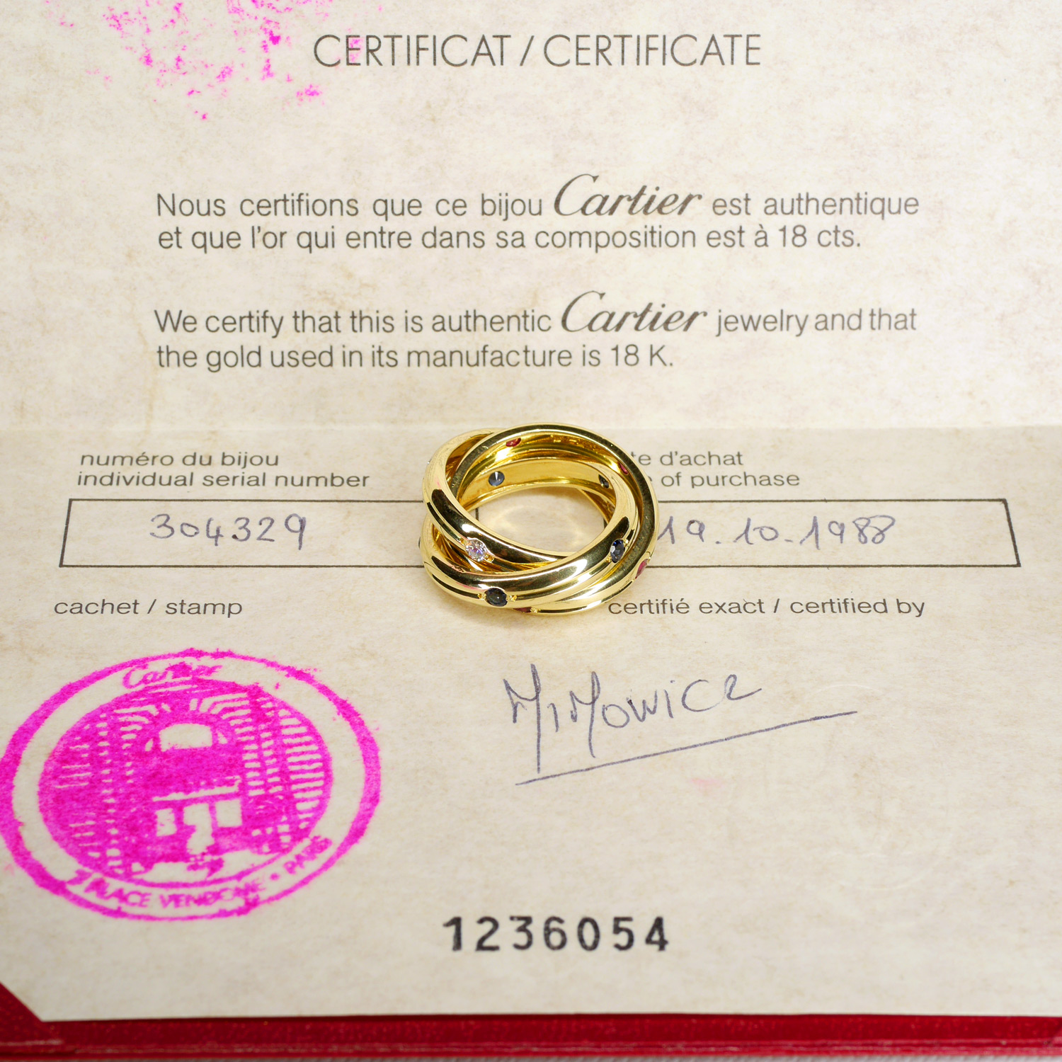 แหวน 1988 Vintage Cartier Trinity With Diamonds, Ruby and Blue Sapphire ทองคำ 18K ไซส์51# +การ์ด (Rare)(Used)(yg)