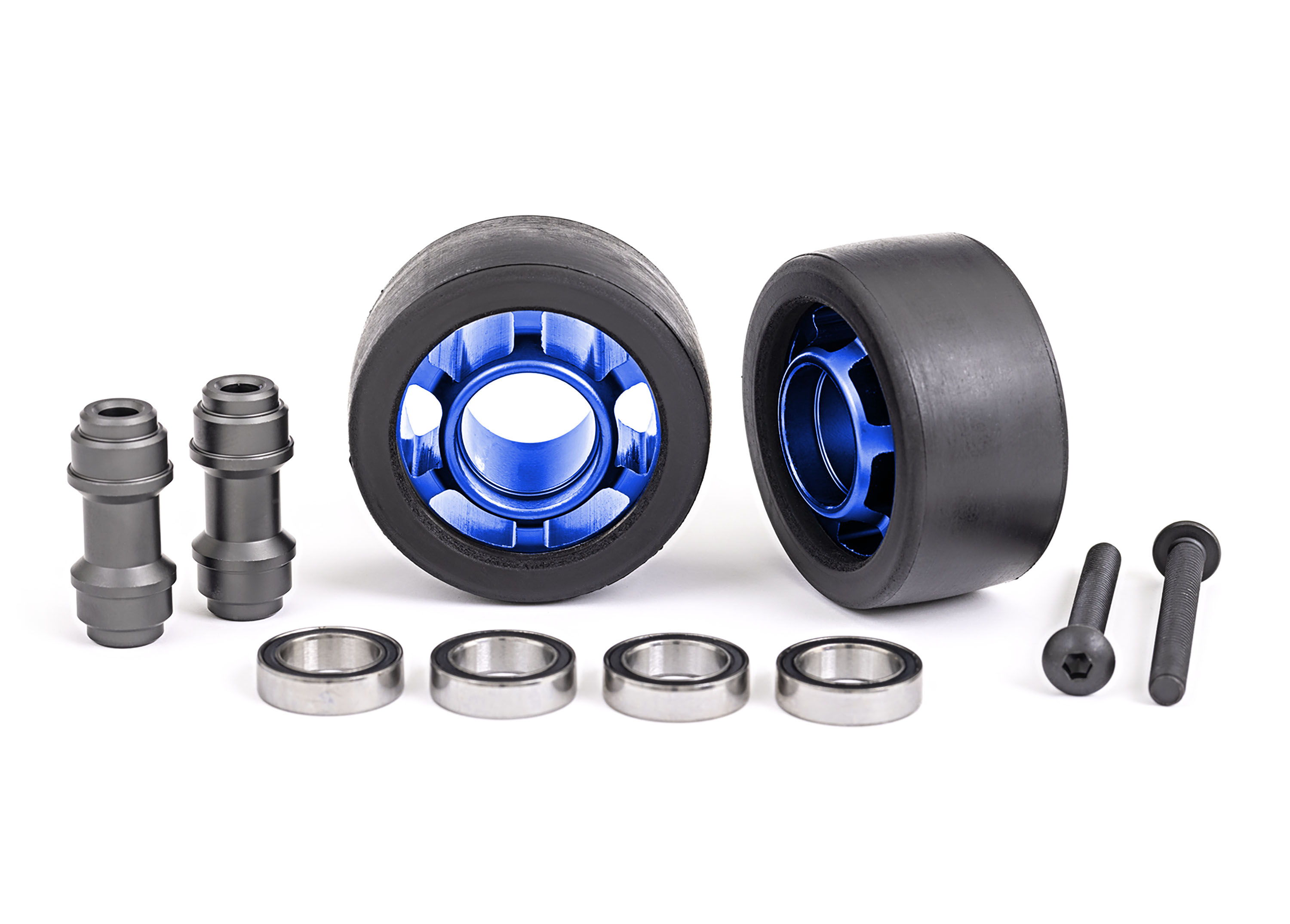 7775X Wheels, wheelie bar, 6061-T6 aluminum (blue-anodized) (2)/ axle, wheelie bar, 6061-T6 aluminum (2)/ 10x15x4 ball bearings (4)