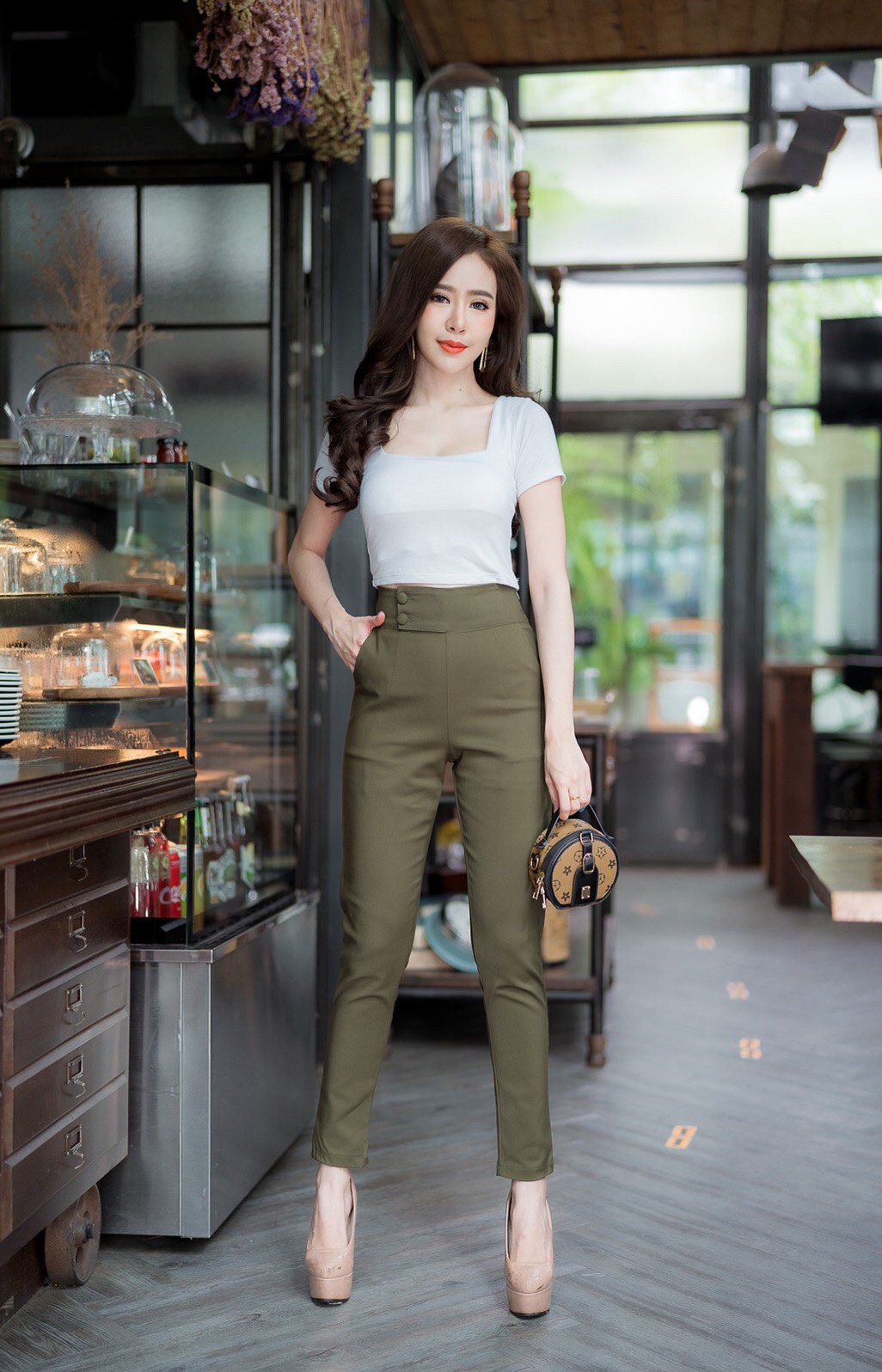 กางเกงขายาวผู้หญิงเอวสูง 2 กระดุมป้ายข้าง ขอบเอว 3 นิ้ว ซิปข้าง ผ้าดับเบิ้ลซาติน ยืด น่ารัก