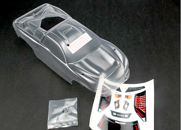 4412 Body, Nitro Rustler (clear, requires painting)/window, grill, lights decal sheet/ wing and aluminum hardware