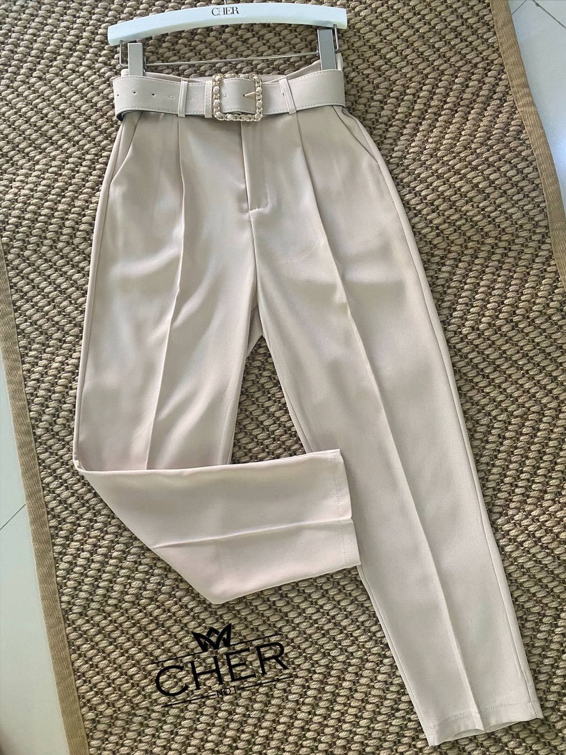 กางเกงขายาวผู้หญิงเอวสูง แต่งเข็มขัด ผ้ายืด หนา นิ่ม สวยน่ารัก