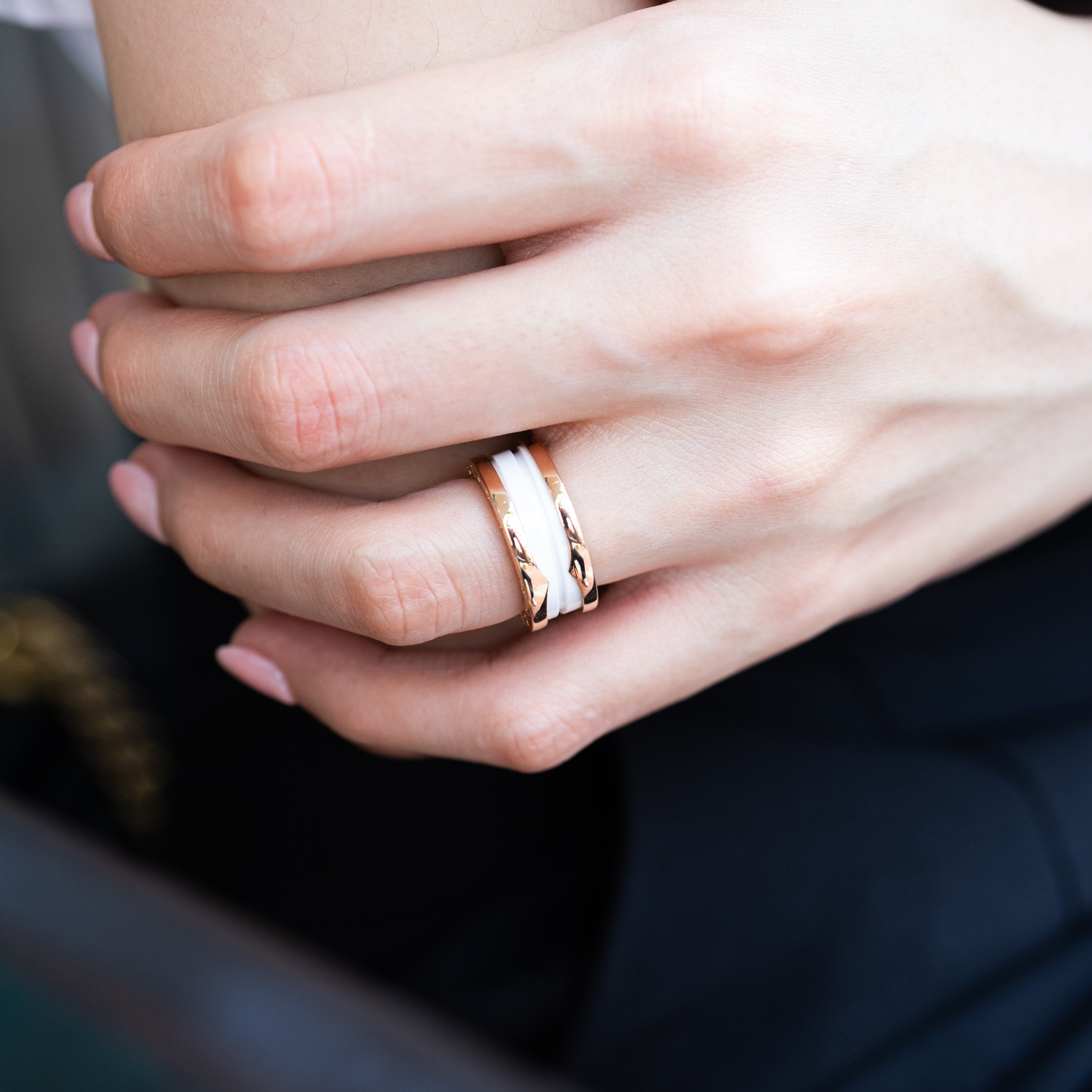 แหวน Bvlgari B.zero1 2band White ceramic Spiral ทองชมพู18K ไซส์ 48# (Used)