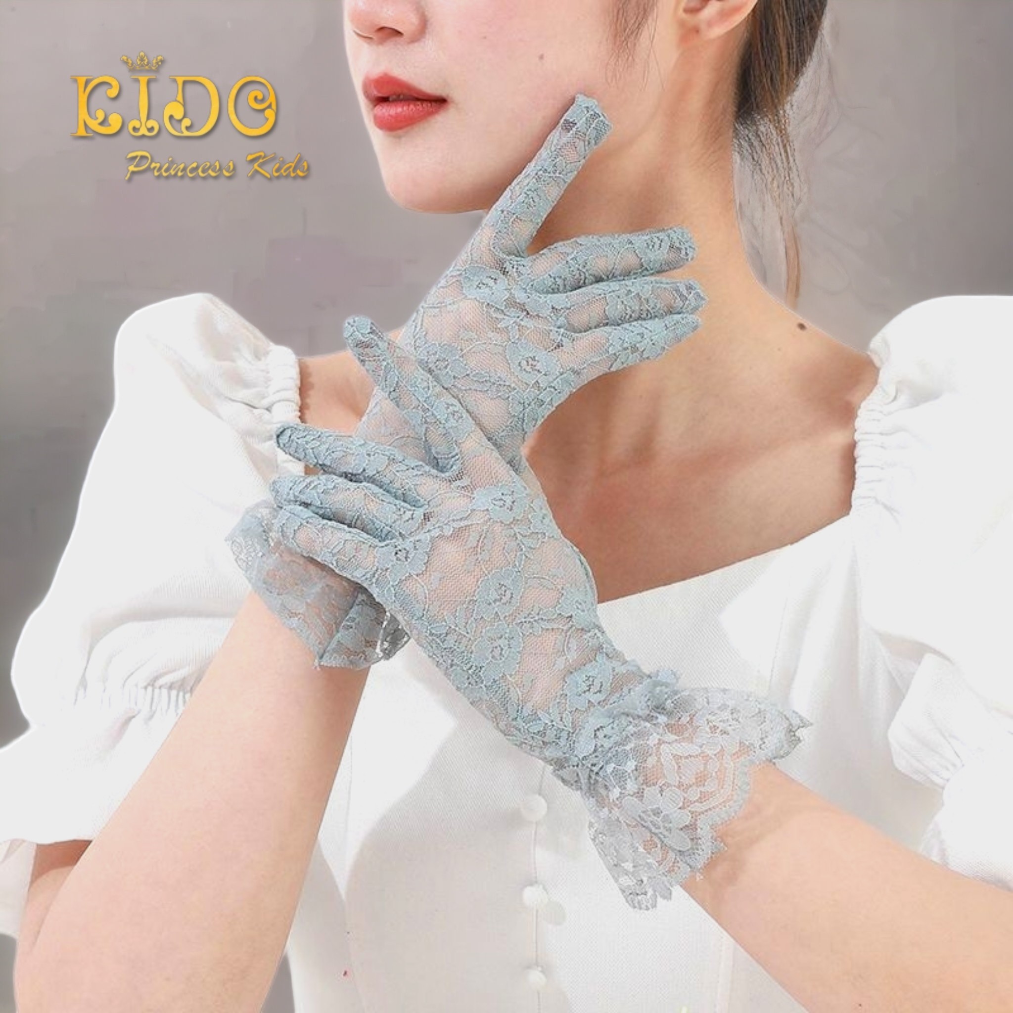 ถุงมือเด็ก12ปีขึ้นไป(มีหน้าร้านอยู่รัชดา)GS009 สีเทา ลูกไม้ลายโบว์