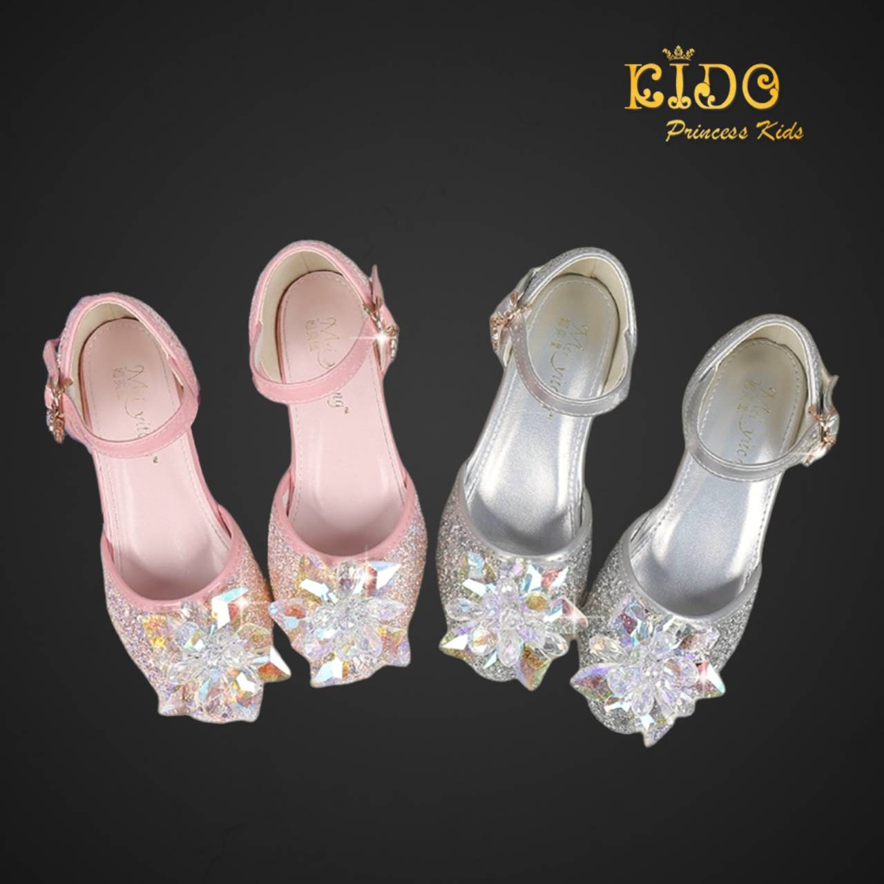 sรองเท้าเด็กออกงาน(หน้าร้านอยู่รัชดา ลองได้)H039สีชมพู สีเงินติดดอกไม้แก้ว ทรงเปิดข้าง เพชรระยิบระยับ สวยเจ้าหญิงมาก