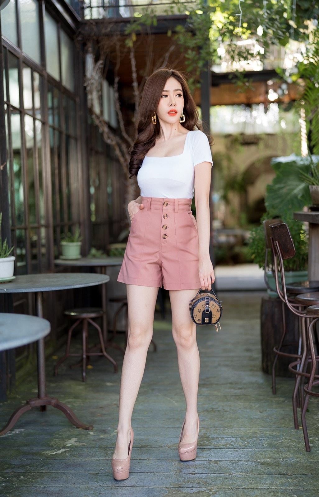 กางเกงขาสั้นเอวสูง กระดุมลาย ผ้าดับเบิ้ล สวยมาก เก็บพุงอย่างเนียน ใส่แล้วทรงสวย