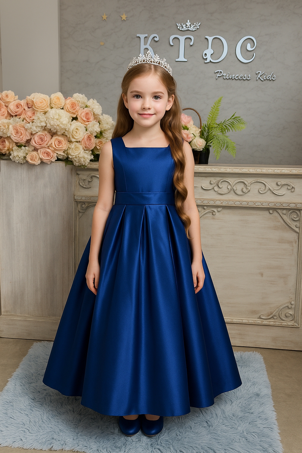 ชุดราตรีเด็ก ชุดเจ้าหญิง (*หน้าร้านอยู่รัชดา*)W19204 สีน้ำเงิน กระโปรงยาว คอเหลี่ยม เรียบหรู