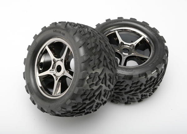 5374X Tires & wheels, assembled, glued (Gemini black chrome wheels, Talon tires, foam inserts) (2) (use with 17mm splined wheel hubs & nuts, part #5353X) (TSM rated)