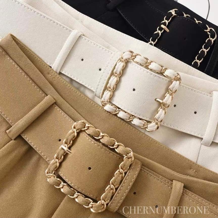 กางเกงขายาวผู้หญิงเอวสูง แต่งเข็มขัด ผ้ายืด หนา นิ่ม สวยน่ารัก