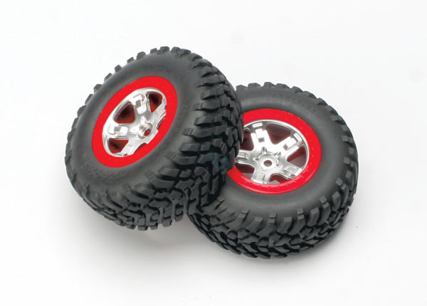 5873A [PRE-OREDER] Tires & wheels, assembled, glued (SCT satin chrome, red-beadlock style wheels, SCT off-road tires, foam inserts) (2) (4WD front/rear, 2WD rear only)