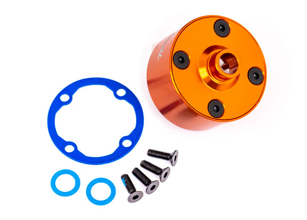9581T Carrier, differential (aluminum, orange-anodized)/ differential bushing/ ring gear gasket/ 3x10mm CCS (4)