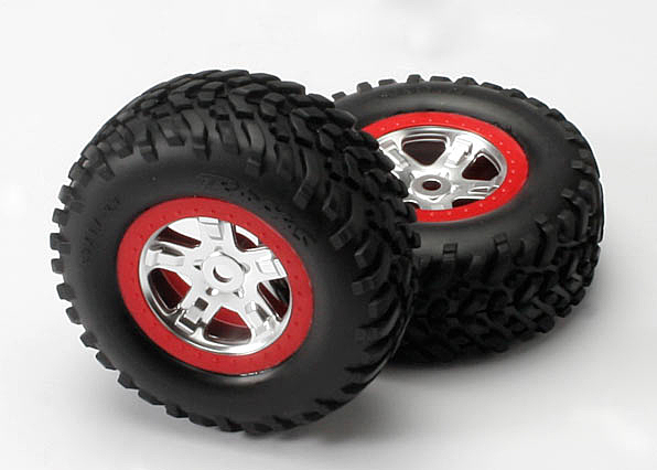 5973A Tires & wheels, assembled, glued (SCT, satin chrome, red beadlock wheels, dual profile (2.2" outer, 3.0" inner), SCT off-road tires, foam inserts) (2)