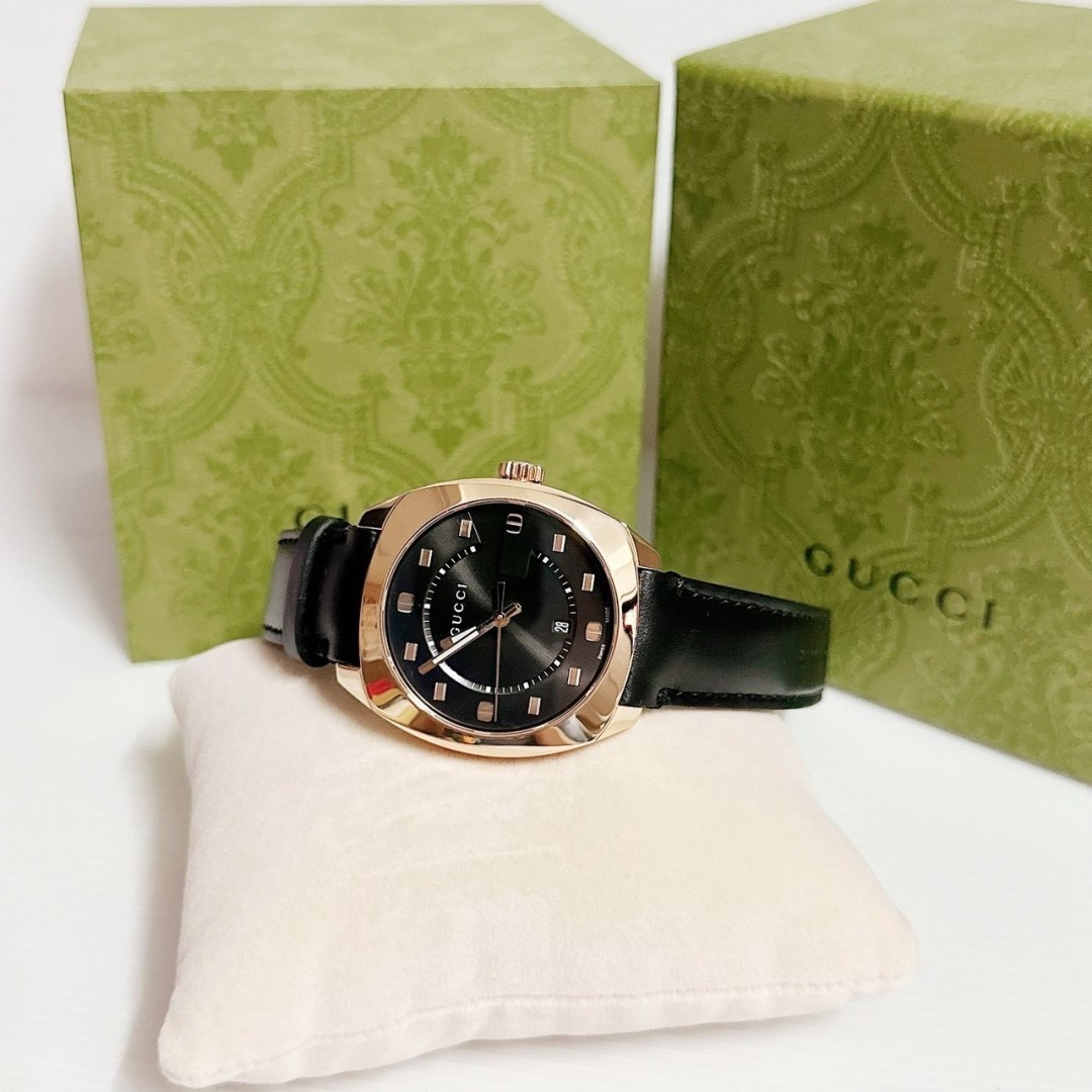 นาฬิกาข้อมือผู้ชายแบรนด์Gucci GG2570 Black Dial Rose Gold-tone Men's Watch รุ่น YA142309
