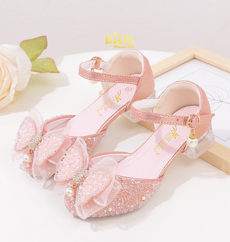รองเท้าเด็กออกงาน(หน้าร้านอยู่รัชดา ลองได้)H150 สีชมพู เปิดข้างโบว์หน้าห้อยมุก