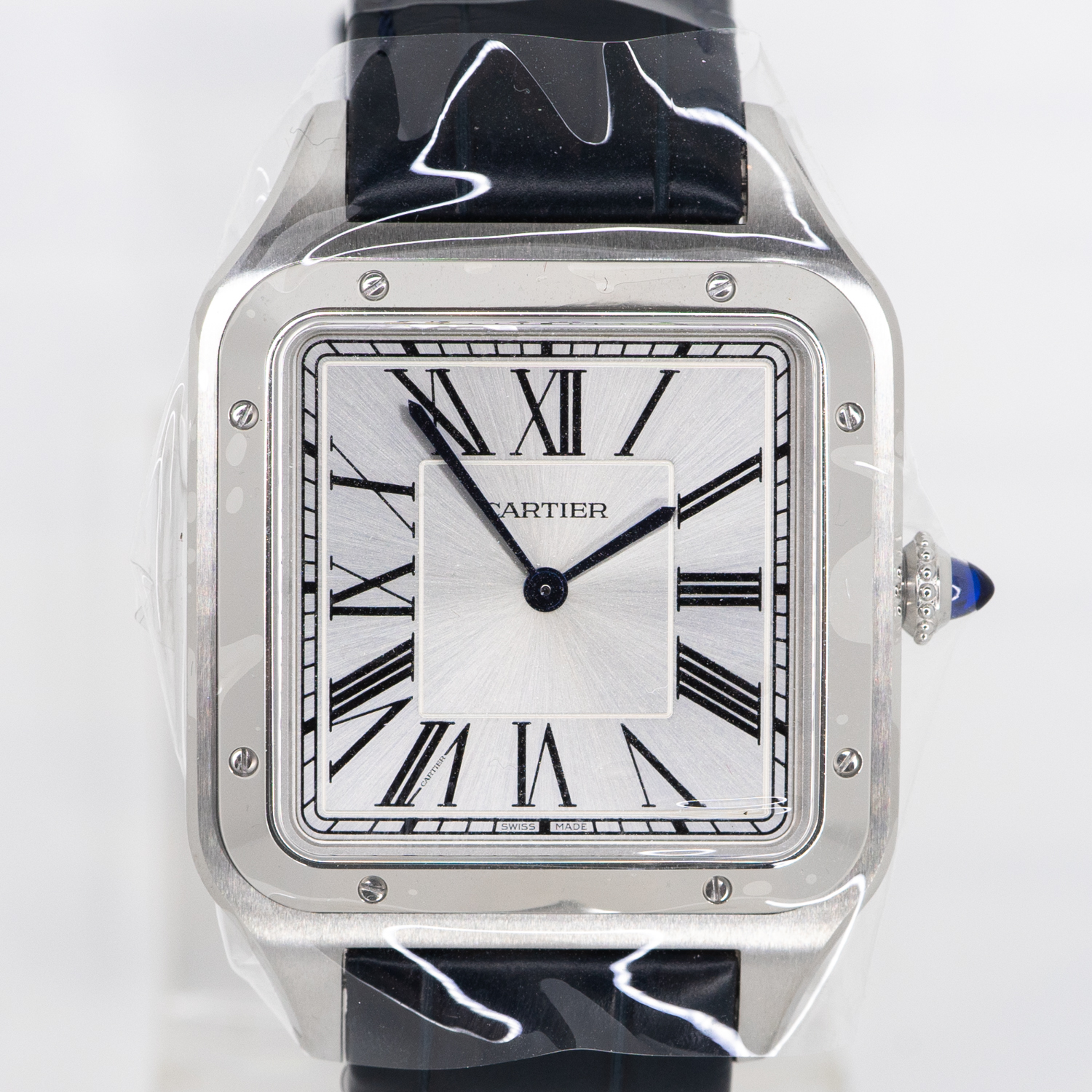 นาฬิกา Cartier Santos-Dumont watch Extra-Large Model Hand-Wound Mechanical Movement with Navy Blue Alligator Leather Strap (Used) +กล่องและการ์ดไทย2021