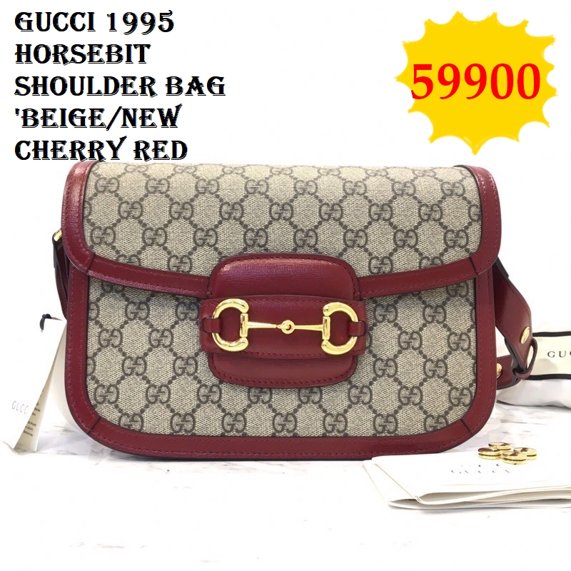Gucci Horsebit 1995 มือสอง Shoulder Bag 'Beige/New Cherry Red แดง