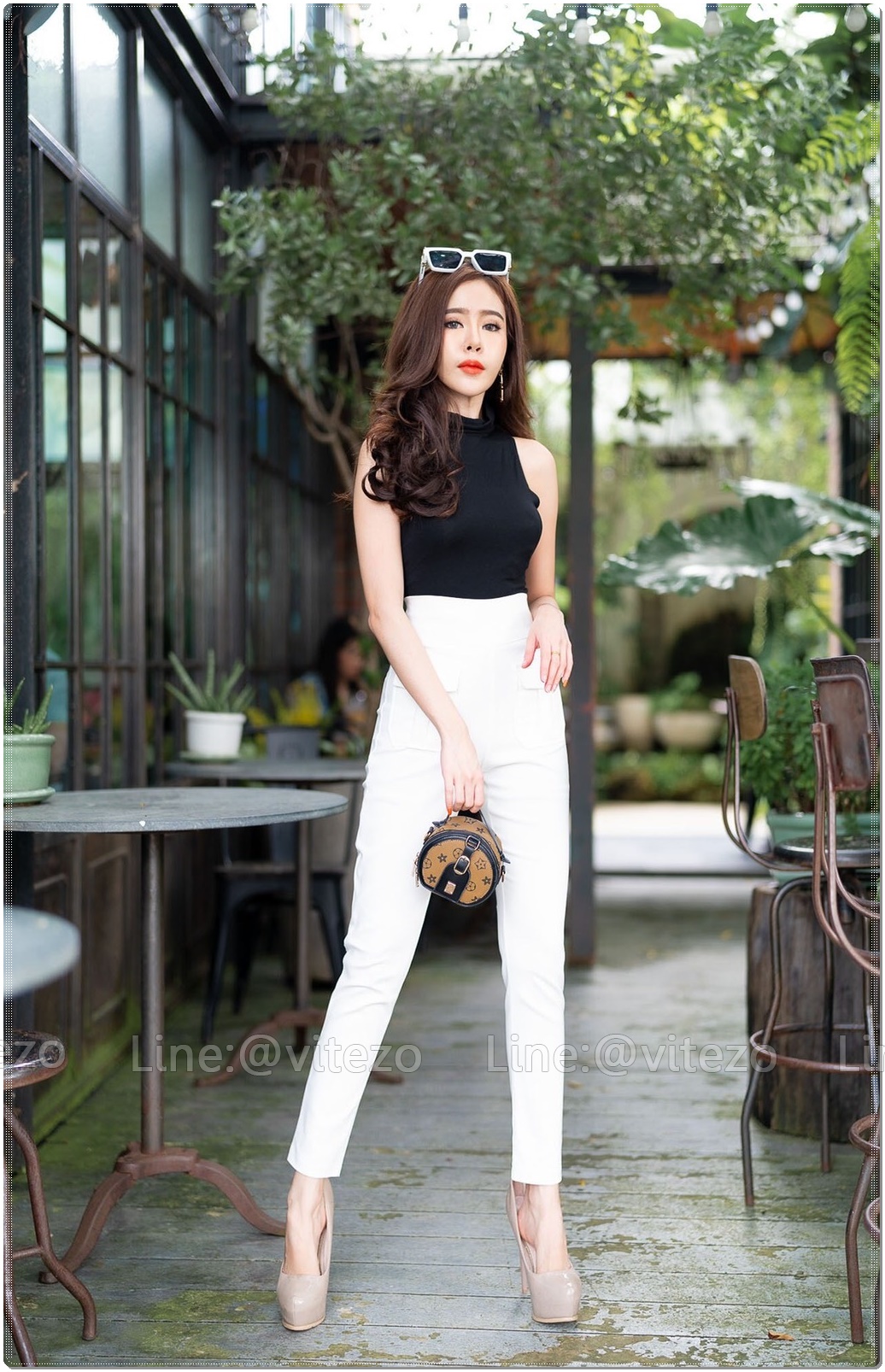 กางเกงขายาวผู้หญิงเอวสูง 9 ส่วน ซิปข้าง กระเป๋าหน้า ซาฟารี ขอบหนา 3 นิ้ว ผ้าดับเบิ้ลซาติน ยืด หนา นิ่ม สวย น่ารัก