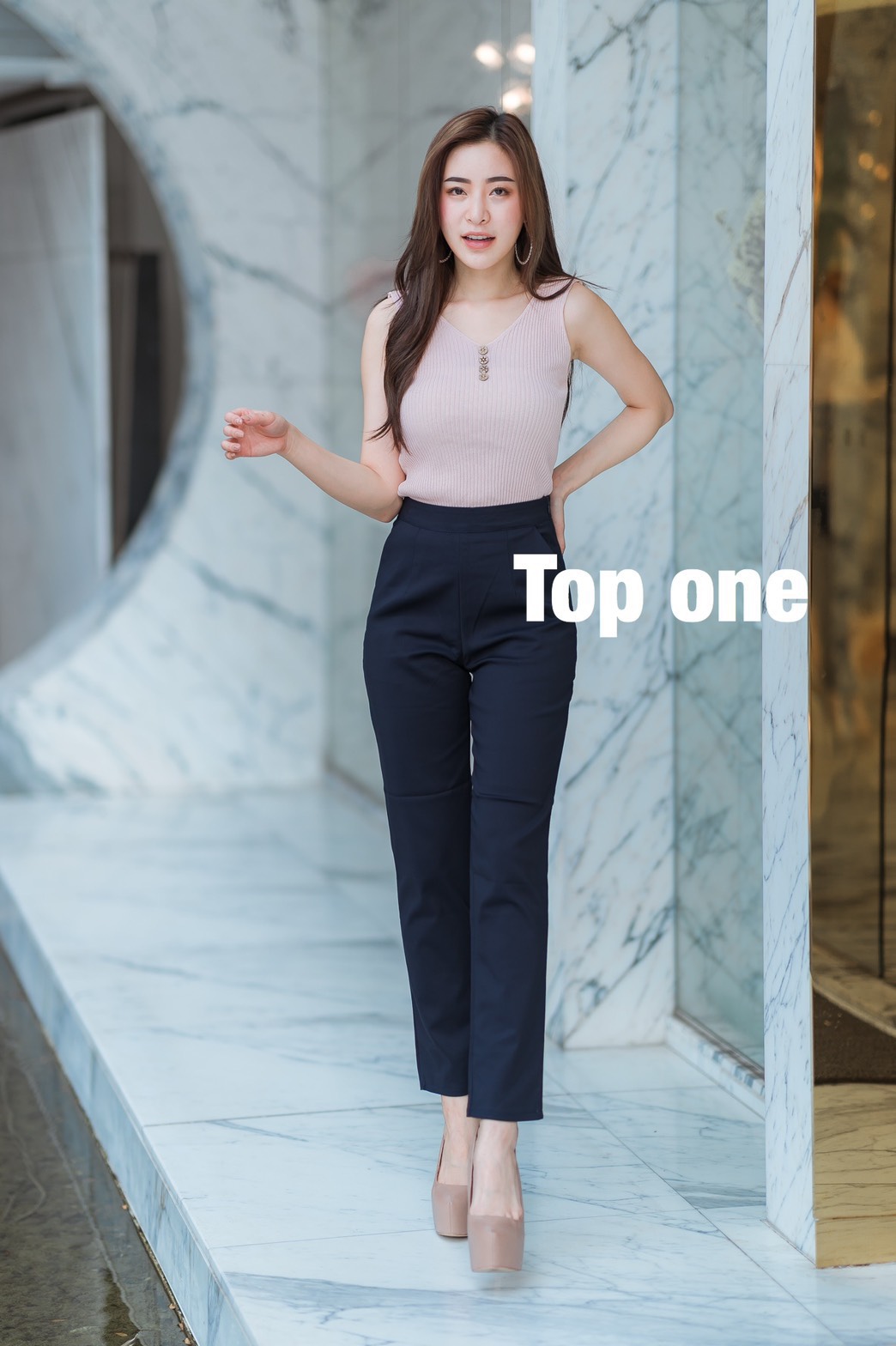 กางเกงขายาวผู้หญิงเอวสูง 9 ส่วน ซิปข้าง ผ้าดับโรเชฟ ยืด หนา นิ่ม น่ารัก ไม่ต้องรีด