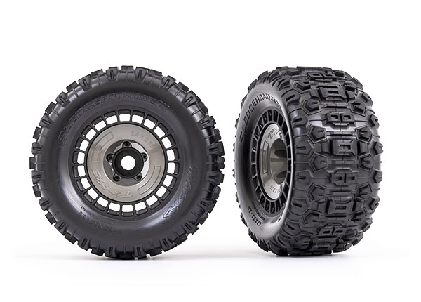 9572 Tires and wheels, assembled, glued (3.8' black wheels, gray wheel covers, SledgehammerÂ® tires, foam inserts) (2)