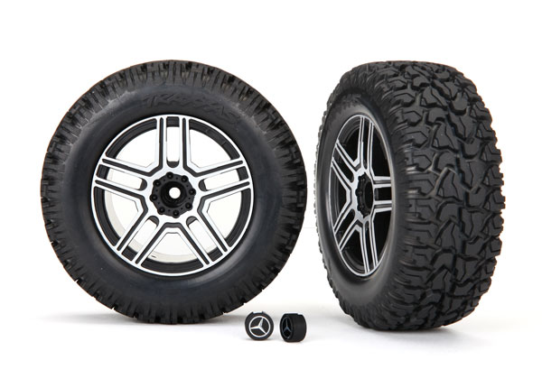 8872 Tires and wheels, assembled, glued (2.6" black, satin chrome-plated Mercedes-Benz® G 500® 4x4² wheels, 4.6x2.6" tires) (2)/ center caps (2) (requires #8255A extended stub axle)