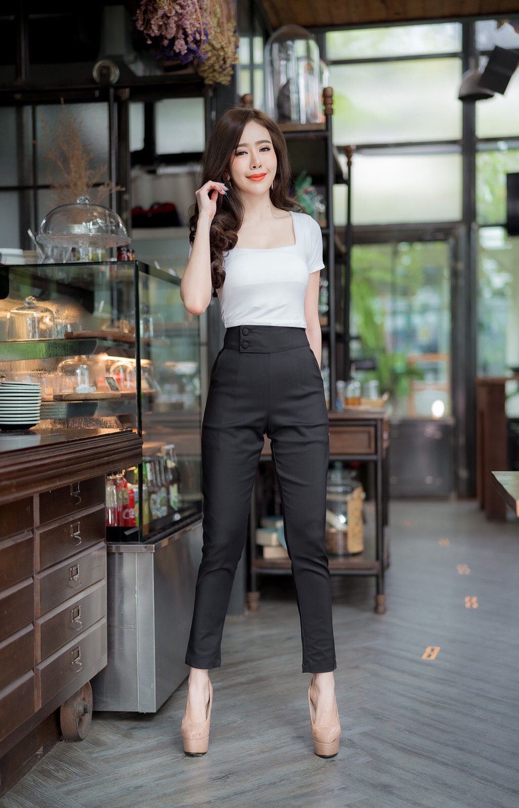 กางเกงขายาวผู้หญิงเอวสูง 2 กระดุมป้ายข้าง ขอบเอว 3 นิ้ว ซิปข้าง ผ้าดับเบิ้ลซาติน ยืด น่ารัก