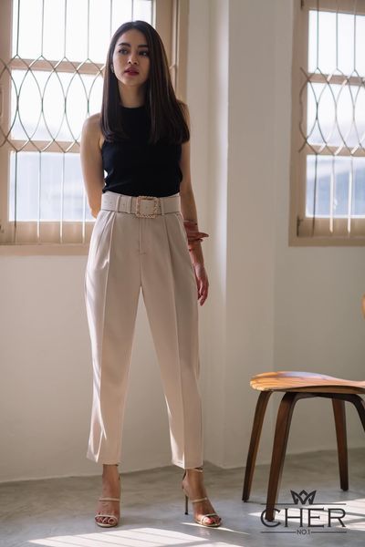 กางเกงขายาวผู้หญิงเอวสูง แต่งเข็มขัด ผ้ายืด หนา นิ่ม สวยน่ารัก