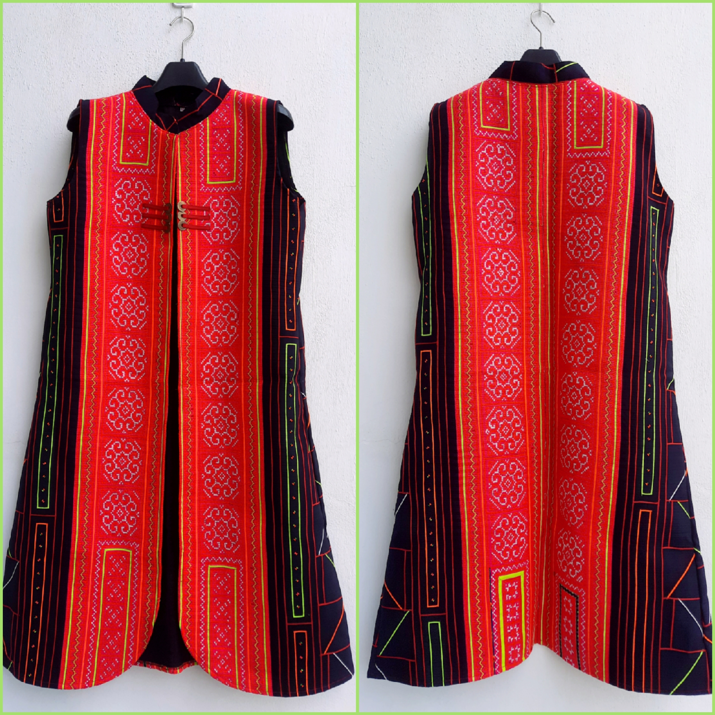 เสื้อคลุมยาว แขนกุด ผ้าปักมือชาวเขาโทนชมพู-ส้ม