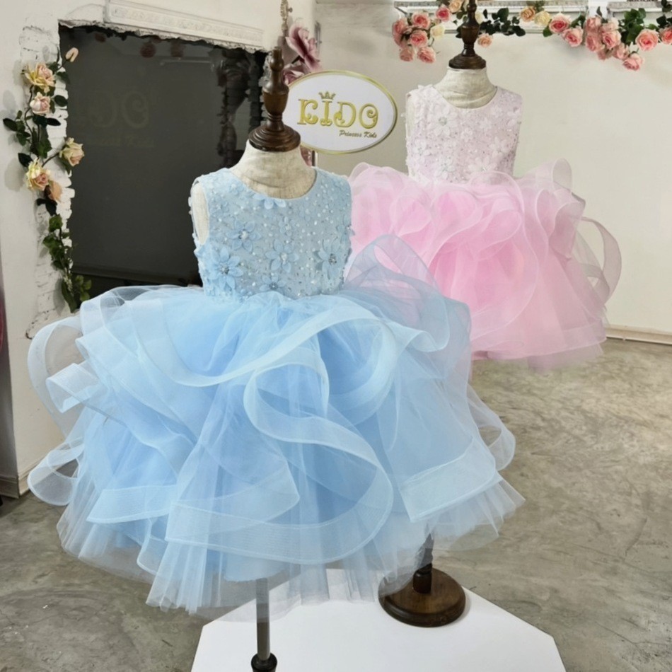 ชุดราตรีเด็ก(หน้าร้านอยู่รัชดา ลองได้ถ่ายรูปจากชุดจริง)A218สีชมพูเข้ม กระโปรงสั้นชั้นพอง อกปักดอกไม้สวยหวาน น่ารัก