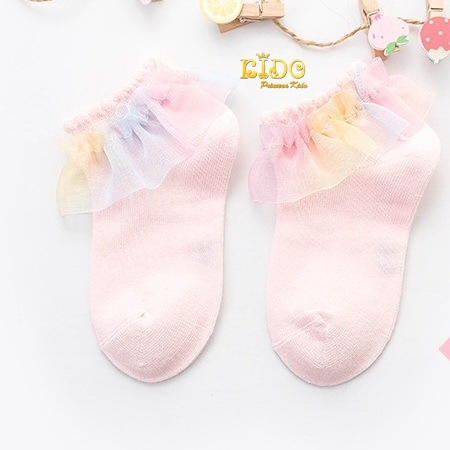 ถุงเท้าเด็ก*มีหน้าร้านอยู่รัชดา ลองได้ เปลี่ยนได้ *S112สีชมพู ข้อเท้าระบายสายรุ้ง สีสันสดใส