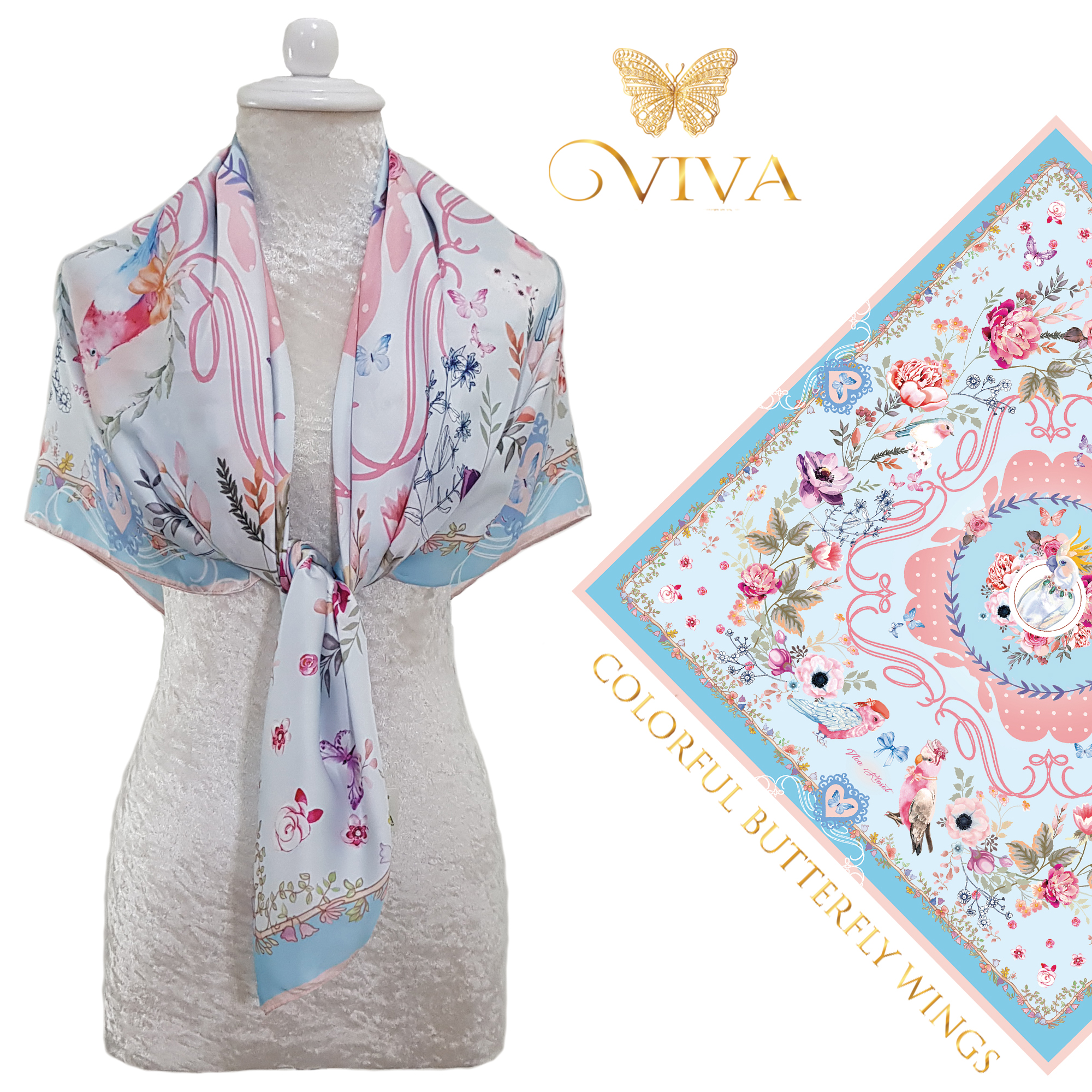 ผ้าพันคอ รุ่น Birds of Garden Scarf เนื้อผ้า Silk Satin Premium Color : Blue Pastel