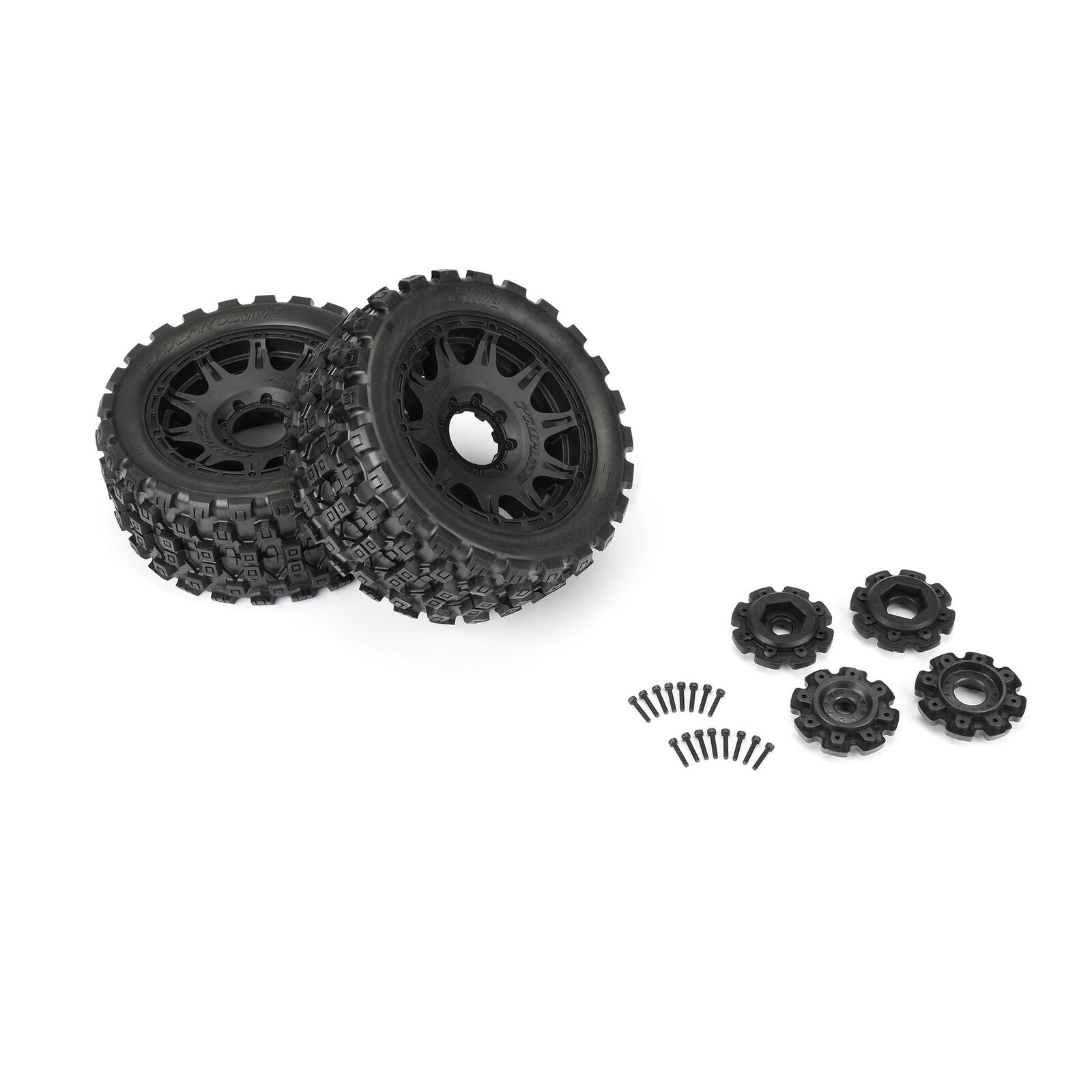 PRO1019811 1/6 Badlands MX57 Front/Rear 5.7” Tires Mounted on Raid 8x48 Removable 24mm Hex Wheels (2): Black