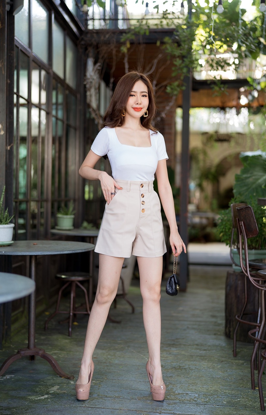 กางเกงขาสั้นเอวสูง กระดุมลาย ผ้าดับเบิ้ล สวยมาก เก็บพุงอย่างเนียน ใส่แล้วทรงสวย