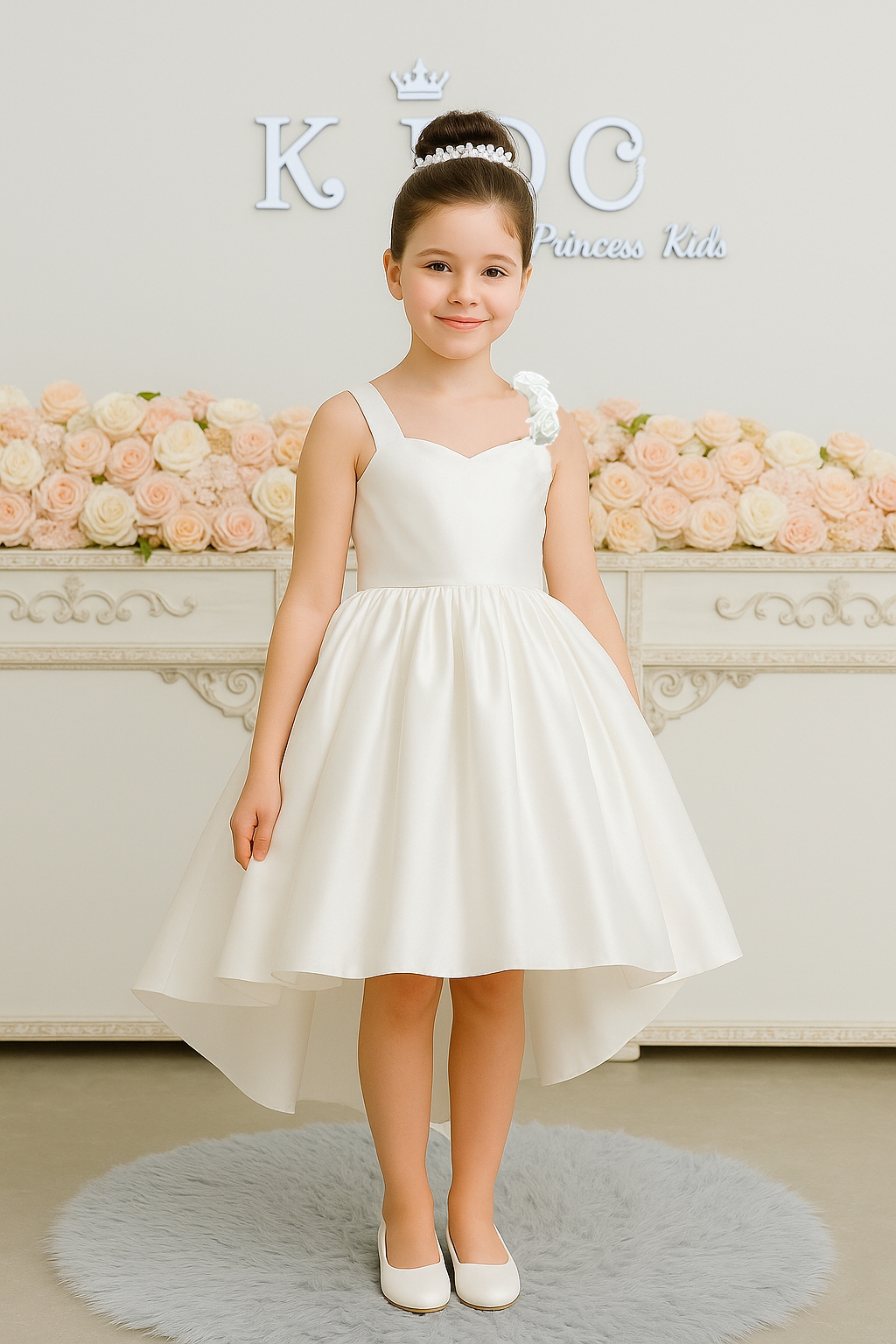 ชุดราตรีเด็ก ชุดเจ้าหญิง (*หน้าร้านอยู่รัชดา*)W19205 สีขาว กระโปรงหน้าสั้นหลังยาว สายเดี่ยว สวยน่ารักมาก