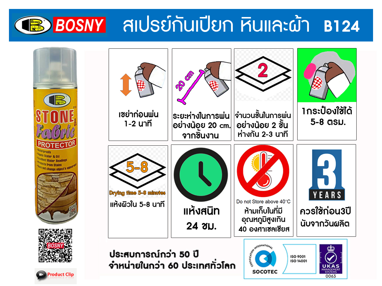 สเปรย์กันเปียก กันเปื้อน พ่นโซฟา เบาะรถยนต์ หนังสัตว์ FABRIC STONE PROTECTOR BOSNY