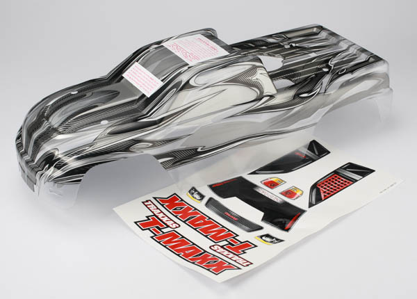 4921X Body, T-Maxx, ProGraphix (long wheelbase) (replacement for painted body. Graphics are painted- requires paint and final color application)/ window, grill, lights decal sheet