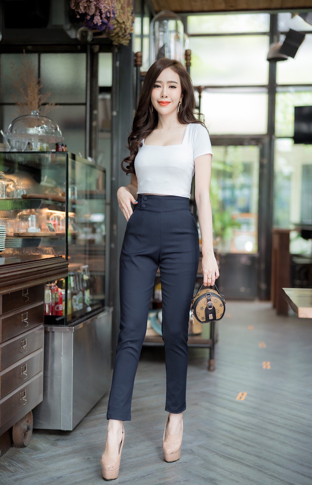 กางเกงขายาวผู้หญิงเอวสูง 2 กระดุมป้ายข้าง ขอบเอว 3 นิ้ว ซิปข้าง ผ้าดับเบิ้ลซาติน ยืด น่ารัก