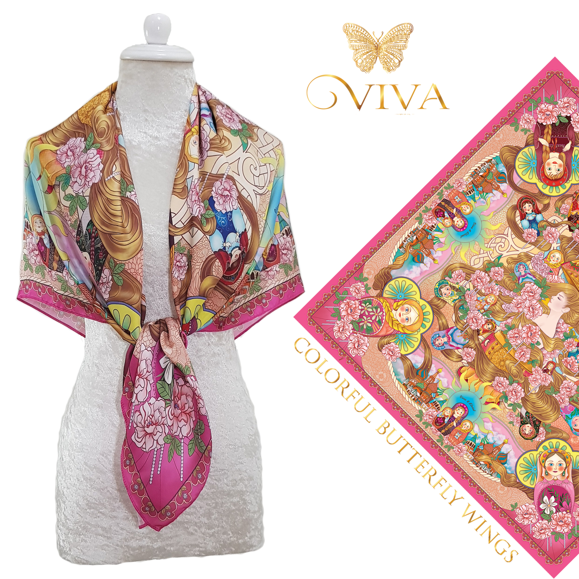 ผ้าพันคอ รุ่น Matryoshka Doll Scarf เนื้อผ้า Silk Satin Premium Color : Pink