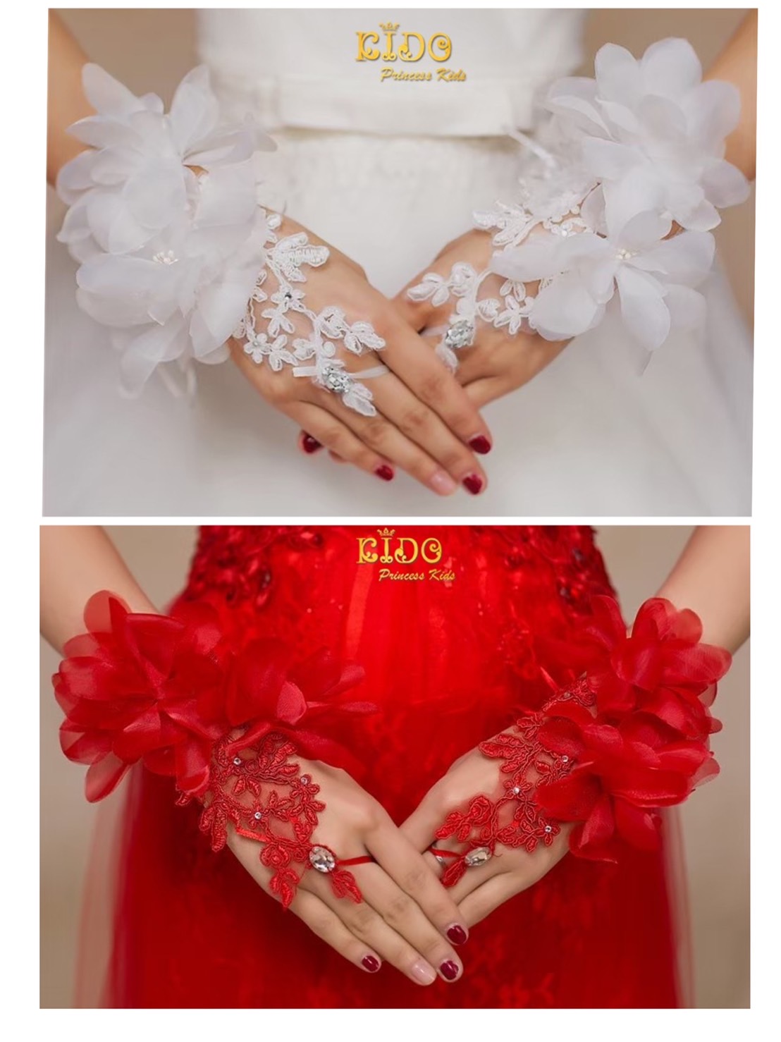 sถุงมือเด็ก(มีหน้าร้านอยู่รัชดา)KS002 ถุงมือติดดอกไม้ สีขาว สีแดง