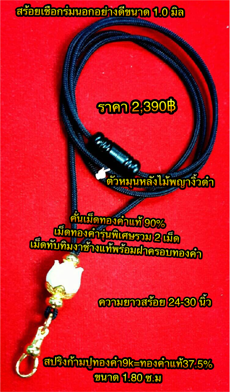 สร้อยเชือกร่มนอกอย่างดีขนาด 1.0 มิล คั่นเม็ดทองคำแท้ 90% เม็ดทองคำรุ่นพิเศษรวม 2 เม็ด+เม็ดทับทิมงาช้างแท้พร้อมฝาครอบทองคำ+สปริงก้ามปูทองคำ9k=ทองคำแท้ 37.5% ขนาด 1.80 ซ.ม ตัวหมุนหลังไม้พญางิ้วดำ ความยาวสร้อย 24-30 นิ้ว